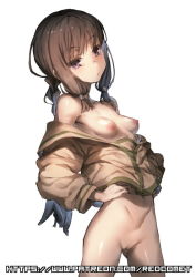 Rule 34 | 10s, 1girl, bottomless, breasts, brown eyes, brown hair, cleft of venus, closed mouth, clothes down, cowboy shot, eyebrows, female focus, hands on own hips, japanese clothes, kantai collection, kitakami (kancolle), long hair, looking at viewer, nipples, no panties, patreon username, pussy, redcomet, ribbon, school uniform, serafuku, shiny skin, simple background, small breasts, solo, standing, uncensored, watermark, web address, white background