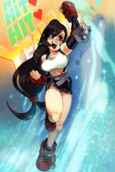 Rule 34 | 1girl, alex ahad, arm up, bare shoulders, black hair, black skirt, breasts, clenched hands, dolphin, drop earrings, earrings, elbow gloves, english text, final fantasy, final fantasy vii, fingerless gloves, full body, gloves, heart, highres, large breasts, leg up, long hair, low-tied long hair, midriff, miniskirt, open mouth, pencil skirt, red eyes, red footwear, shirt, shoes, skirt, smile, solo, suspender skirt, suspenders, tank top, taut clothes, taut shirt, tifa lockhart, very long hair