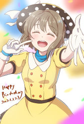 Rule 34 | 1girl, absurdres, artist name, artist request, blue bow, blue choker, blush, bow, bow gloves, breasts, brown hair, buttons, choker, closed eyes, collarbone, collared shirt, female focus, gloves, grey hair, hat, hat bow, highres, light brown hair, looking at viewer, love live!, love live! nijigasaki high school idol club, love live! school idol festival, nakasu kasumi, nikki (pixiv64083428), parted lips, pointing, pointing at self, polka dot, polka dot headwear, polka dot skirt, poppin&#039; up (love live!), puffy short sleeves, puffy sleeves, purple eyes, reaching, reaching towards viewer, red eyes, shirt, short hair, short sleeves, skirt, small breasts, smile, solo, white bow, white gloves, yellow hat, yellow shirt, yellow skirt