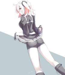 Rule 34 | 1girl, ahoge, black footwear, black gloves, black jacket, black scrunchie, black shorts, boots, clothes lift, fate/grand order, fate (series), from behind, fujimaru ritsuka (female), fujimaru ritsuka (female) (polar chaldea uniform), gloves, grey background, grey eyes, grey skirt, hair between eyes, hair ornament, hair scrunchie, jacket, knee boots, lifted by self, limited palette, long sleeves, looking at viewer, looking back, miniskirt, pleated skirt, scrunchie, shino-o, shiny clothes, short shorts, shorts, shorts under skirt, side ponytail, silver hair, skirt, skirt lift, solo, white background