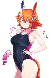 Rule 34 | 1girl, alternate costume, animal ears, armpits, arrow (symbol), bare shoulders, black one-piece swimsuit, breasts, closed eyes, closed mouth, clover hair ornament, commentary request, cowboy shot, daruma doll, ear covers, flipped hair, four-leaf clover hair ornament, hair ornament, hands on own hips, highleg, highleg swimsuit, highres, horse ears, horse girl, horse tail, matikanefukukitaru (umamusume), medium breasts, nerukichikatafukuma, one-piece swimsuit, orange hair, short hair, simple background, single ear cover, solo, stretching, swimsuit, tail, umamusume, white background