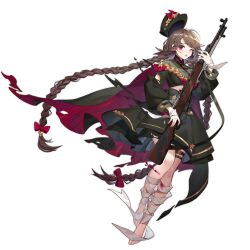 Rule 34 | 1girl, bandaged hand, bandages, barefoot, black cape, black skirt, blood, bloody bandages, boots, braid, breasts, brown hair, cape, carbine, cuts, feet, full body, girls&#039; frontline, green hat, green jacket, gun, hair ribbon, hat, hat ornament, highres, holding, holding weapon, injury, jacket, kan (rainconan), large breasts, leg wrap, long hair, long sleeves, looking at viewer, midriff, military, military uniform, mod3 (girls&#039; frontline), no shoes, official art, one eye closed, open mouth, purple eyes, red cape, red ribbon, ribbon, rifle, simple background, skirt, sks, solo, standing, star (symbol), star hat ornament, tears, thigh boots, thigh strap, toes, torn cape, torn clothes, torn jacket, torn skirt, transparent background, twin braids, two-tone cape, type 56 carbine (girls&#039; frontline), type 56 carbine (mod3) (girls&#039; frontline), uniform, unworn hat, unworn headwear, very long hair, weapon