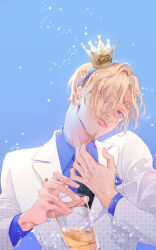 Rule 34 | 1boy, black necktie, blonde hair, blue eyes, blue shirt, cigarette, crown, cup, curly eyebrows, english text, facial hair, formal, goatee, hair over one eye, holding, holding cigarette, holding cup, looking at viewer, male focus, necktie, one eye covered, one piece, sanji (one piece), shirt, short hair, shredders, smile, solo, star (symbol)
