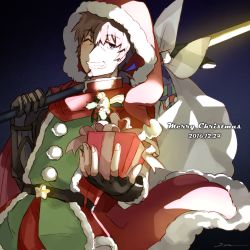 Rule 34 | 1boy, brown eyes, brown hair, christmas, dated, facial hair, fate/grand order, fate (series), fingerless gloves, fur trim, gauntlets, gift, gloves, goatee, goya (xalbino), hair ribbon, hat, hector (fate), looking at viewer, male focus, polearm, ponytail, ribbon, santa costume, santa hat, signature, smile, solo, star (symbol), upper body, weapon