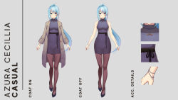 Rule 34 | 1girl, anonymous (nijisanji), azura cecillia, azura cecillia (2nd costume), belt, black belt, black dress, black footwear, blue eyes, blue hair, bracelet, breasts, brown coat, brown pantyhose, character name, character sheet, coat, dress, english text, full body, grey background, high heels, highres, jewelry, long hair, long sleeves, medium breasts, multicolored hair, multiple views, necklace, nijisanji, nijisanji id, official art, pantyhose, pink hair, ponytail, second-party source, simple background, sleeveless, solo, streaked hair, tachi-e, turtleneck, turtleneck dress, virtual youtuber