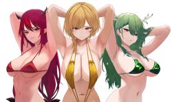 3girls armpits arms_behind_head bikini blush braid braided_bangs branch breasts ceres_fauna cleavage closed_mouth commentary english_commentary flower green_bikini green_hair hair_between_eyes hair_branch hair_flower hair_ornament heterochromia highres hololive hololive_english hololive_indonesia horns irys_(hololive) kaela_kovalskia leotard long_hair mole mole_under_eye multiple_girls multiple_horns navel one-piece_swimsuit open_mouth pointy_ears red_bikini red_hair short_hair si_farid simple_background slingshot_swimsuit smile swimsuit thong_leotard tree_horns upper_body virtual_youtuber white_background yellow_slingshot_swimsuit