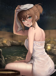 Rule 34 | 1girl, arm up, back, bare arms, bare back, bare shoulders, blush, breasts, bucket, drying, drying hair, fence, from side, green eyes, hair between eyes, hair bun, hand on own head, lamp, long hair, looking at viewer, looking to the side, medium breasts, mookyuu9, naked towel, night, night sky, onsen, original, outdoors, parted lips, rock, sidelocks, single hair bun, sitting, sky, solo, star (sky), starry sky, steam, thighs, towel, water, wet, wet hair, white towel, wooden bucket, wooden fence