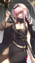 Rule 34 | 1girl, absurdres, arm up, black cape, black dress, black nails, black thighhighs, breasts, cape, cleavage, closed mouth, commentary request, dress, gradient background, grey background, head tilt, highres, holding, holding scythe, hololive, hololive english, long hair, medium breasts, mori calliope, nail polish, pink hair, red eyes, sasakuma kyouta, scythe, single thighhigh, sitting, sleeveless, sleeveless dress, smile, solo, spikes, thighhighs, tiara, veil, very long hair, virtual youtuber