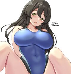Rule 34 | 1girl, alternate breast size, alternate costume, black hair, black one-piece swimsuit, blue one-piece swimsuit, blush, breasts, competition swimsuit, covered navel, dated, green eyes, hair between eyes, hair ornament, hairclip, highleg, highleg swimsuit, highres, impossible clothes, impossible swimsuit, kantai collection, large breasts, long hair, looking at viewer, montemasa, multicolored clothes, multicolored swimsuit, one-hour drawing challenge, one-piece swimsuit, open mouth, oyashio (kancolle), simple background, smile, solo, swimsuit, twitter username, two-tone swimsuit, white background