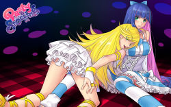 Rule 34 | 10s, 2girls, blunt bangs, corset, frilled skirt, frills, kneeling, miniyu, multiple girls, panty &amp; stocking with garterbelt, panty (psg), siblings, sisters, skirt, stocking (psg), striped clothes, striped thighhighs, thighhighs