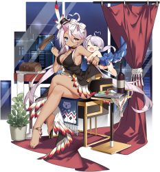 Rule 34 | 2girls, :d, ^ ^, ahoge, arm hug, armpits, azur lane, bare arms, bare shoulders, barefoot, black choker, black dress, black headwear, blue eyes, bottle, bow, breasts, chair, chibi, choker, cleavage, closed eyes, curtains, dark-skinned female, dark skin, dress, closed eyes, facial mark, feathers, food, fork, hair between eyes, hair bow, hat, heart, heart ahoge, heterochromia, highres, holding, horns, indianapolis (azur lane), indianapolis (the light of circle city) (azur lane), large breasts, long hair, looking at viewer, mini hat, multiple girls, official alternate costume, official art, open mouth, plant, plantar flexion, portland (azur lane), potted plant, saru, side ponytail, silver hair, sitting, sleeveless, sleeveless dress, smile, spaghetti strap, steak, strap gap, thighs, transparent background, tray, very long hair, window, wine bottle, yellow eyes