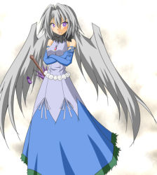 Rule 34 | 1girl, bare shoulders, breasts, crossed arms, dress, eggplant, elbow gloves, engi threepiece, female focus, gloves, gradient background, grey hair, head wings, jewelry, long hair, necklace, purple eyes, simple background, small breasts, solo, spritepalette, sword, symbol-shaped pupils, triangle-shaped pupils, very long hair, weapon, white background, wings, yumekui merry