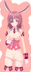 Rule 34 | 1girl, animal ears, bare shoulders, between breasts, blush, breasts, brown eyes, brown hair, cleavage, corset, covered erect nipples, detached collar, eyepatch, female focus, female pubic hair, gloves, highres, large breasts, looking at viewer, navel, necktie, necktie between breasts, original, panties, panty pull, pokomi, pubic hair, pussy, pussy peek, rabbit ears, short hair, simple background, smile, solo, thighhighs, underwear, white gloves