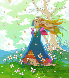 Rule 34 | 1girl, barefoot, dress, eihi, floating hair, flower, original, solo, tree, wind