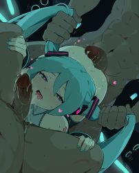 Rule 34 | 1girl, 2boys, aftersex, aqua eyes, aqua hair, ass, bare shoulders, censored, cum, cum in mouth, cum on tongue, cum string, dark-skinned male, dark skin, detached sleeves, doggystyle, fingernails, grabbing another&#039;s hair, group sex, hair between eyes, hair ornament, hatsune miku, heart, heart-shaped pupils, hetero, highres, interracial, long hair, looking at viewer, mmf threesome, mosaic censoring, multiple boys, nail polish, open mouth, penis, rea loixacra, sex, sex from behind, solo focus, sweat, symbol-shaped pupils, threesome, tongue, tongue out, twintails, veins, veiny penis, very long hair, vocaloid