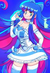 Rule 34 | 1girl, blue background, blue eyes, blue hair, blush, bow, bracelet, breasts, choker, collarbone, corset, cresscin, dress, fingerless gloves, gloves, hair bow, twirling hair, heart, highres, jewelry, large breasts, long hair, multicolored hair, panty &amp; stocking with garterbelt, pink hair, polka dot, polka dot background, raised eyebrow, sleeveless, sleeveless dress, smile, standing, stocking (psg), striped clothes, striped thighhighs, thighhighs, two-tone hair, white dress, white gloves, white thighhighs