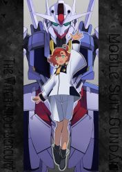 Rule 34 | 1girl, ahoge, arm up, asticassia school uniform, black hairband, blue eyes, boots, commentary request, copyright name, english text, full body, green eyes, gundam, gundam aerial, gundam suisei no majo, hairband, highres, looking at viewer, mecha, mobile suit, red hair, reibun (raven1119), robot, school uniform, shorts, smile, suletta mercury, thick eyebrows, upper body, v-fin