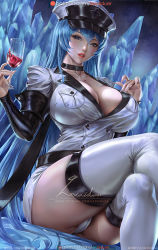 Rule 34 | 1girl, akame ga kill!, alcohol, blue eyes, blue hair, boots, breasts, choker, cleavage, collarbone, crossed legs, cup, drinking glass, esdeath, glass, hair between eyes, hat, holding, holding cup, ice, large breasts, lexaiduer, long hair, looking at viewer, military, military uniform, peaked cap, signature, sky, smile, solo, tattoo, thigh boots, thighhighs, thighs, uniform, very long hair, white thighhighs, wine, wine glass