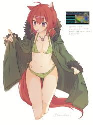 Rule 34 | 1girl, \n/, ahoge, alternate costume, amairo islenauts, animal ears, bikini, black fur, blush, breasts, cleavage, coat, commentary request, curvy, feet out of frame, fur-trimmed hood, fur-trimmed sleeves, fur trim, green bikini, green coat, hair between eyes, hair ornament, halterneck, hand up, highres, hood, hood down, jewelry, konoquro, long sleeves, looking to the side, low twintails, masaki gaillard, medium breasts, medium hair, navel, necklace, open clothes, open coat, purple eyes, red hair, red tail, short twintails, simple background, solo, standing, stomach, swimsuit, tail, thigh gap, translation request, twintails, twitter username, white background, wolf ears, wolf girl, wolf tail, x hair ornament