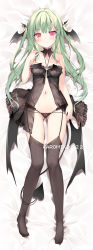 Rule 34 | 1girl, :3, babydoll, bare arms, bare shoulders, bed sheet, black panties, breasts, brown thighhighs, closed mouth, dakimakura (medium), demon girl, demon tail, detached collar, full body, garter straps, gluteal fold, green hair, hand up, head wings, highres, karory, lingerie, long hair, looking at viewer, lying, medium breasts, multi-strapped panties, navel, no shoes, on back, original, panties, red eyes, see-through, smile, solo, stomach, string panties, tail, thighhighs, thighs, two side up, underwear, underwear only, wings