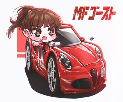 Rule 34 | 1girl, absurdres, alfa romeo, alfa romeo 4c, blush, brown eyes, brown sweater, car, copyright name, driving, fang, hair behind ear, highres, kitahara nozomi, license plate, logo, mf ghost, mizzterbii, motor vehicle, open mouth, pointing, ponytail, race vehicle, racecar, shadow, skin fang, smile, solo, steering wheel, sweater, v-shaped eyebrows, vehicle focus