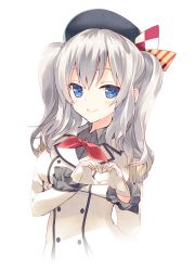 Rule 34 | 10s, 1girl, arikawa satoru, blue eyes, blush, gloves, heart, heart hands, kantai collection, kashima (kancolle), long hair, looking at viewer, military, military uniform, silver hair, simple background, smile, solo, twintails, uniform, wavy hair, white background