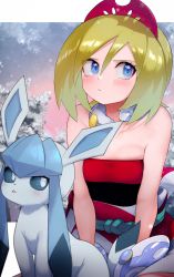 Rule 34 | 1girl, bare shoulders, blonde hair, blue eyes, blush, breasts, collarbone, creatures (company), game freak, gen 4 pokemon, glaceon, highres, irida (pokemon), jewelry, kashu (hizake), looking at viewer, neck ring, nintendo, pokemon, pokemon (creature), pokemon legends: arceus, small breasts, snow, snowflakes, tree
