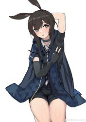 Rule 34 | 1girl, absurdres, alkaid, alternate eye color, amiya (arknights), animal ears, arknights, arm behind head, arm up, armpits, artist name, black cape, black choker, black gloves, black shirt, black shorts, blush, brown eyes, brown hair, cape, choker, elbow gloves, embarrassed, fingerless gloves, gloves, highres, long hair, looking at viewer, necktie, open mouth, presenting armpit, rabbit ears, seiza, shirt, short shorts, short sleeves, shorts, sidelocks, simple background, single glove, sitting, solo, steaming body, striped necktie, tearing up, weibo watermark, white background