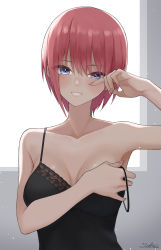 Rule 34 | 1girl, absurdres, arm up, artist name, bare shoulders, black dress, blue eyes, blush, breasts, collarbone, dress, go-toubun no hanayome, highres, looking at viewer, medium breasts, nakano ichika, open mouth, parted lips, pink hair, short hair, simple background, smile, solo, upper body, window, yuhi (yuhi atb26)