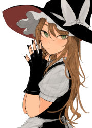 Rule 34 | 1girl, apron, black gloves, black hat, black nails, black vest, blonde hair, bow, braid, closed mouth, fingerless gloves, from side, gloves, green eyes, hair bow, hat, hat bow, highres, kirisame marisa, long hair, looking at viewer, nail polish, necro (nekurodayo), own hands together, puffy short sleeves, puffy sleeves, shirt, short sleeves, simple background, single braid, solo, touhou, upper body, vest, waist apron, white apron, white background, white bow, white shirt, witch hat