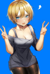 Rule 34 | 1girl, absurdres, alternate costume, animification, apex legends, blonde hair, blue background, blue eyes, breasts, cleavage, collarbone, double v, facial scar, fang, grey shirt, highres, lightning bolt symbol, long shirt, looking at viewer, medium breasts, nitogebeto, off-shoulder shirt, off shoulder, open mouth, scar, scar on cheek, scar on face, shirt, short hair, skin fang, solo, thighhighs, v, wattson (apex legends)