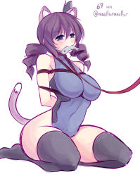Rule 34 | 10s, 1girl, animal ears, arms behind back, bdsm, black thighhighs, bondage, bound, breast bondage, breasts, cat ears, cat girl, cat tail, completion time, drill hair, fang, female focus, fish, food in mouth, halterneck, headgear, kantai collection, large breasts, leotard, long hair, maullarmaullar, mouth hold, original, purple hair, rope, seiza, sitting, solo, tail, thighhighs, twin drills, uss gato (ss-212)