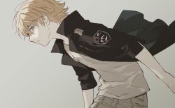 Rule 34 | 1boy, badge, black jacket, brown hair, ema yuzuru, from side, frown, green eyes, hetalia38, jacket, leaning forward, looking at viewer, male focus, open clothes, open jacket, profile, shirt, short hair, sideways glance, simple background, sleeves past elbows, solo, t-shirt, upper body, wind, wind lift, world trigger