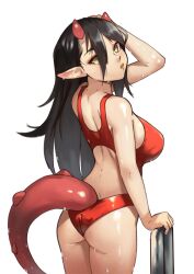 Rule 34 | 1girl, ass, black hair, breasts, brown eyes, competition swimsuit, dragon tail, from behind, hand up, highres, horns, large breasts, long hair, looking at viewer, looking back, one-piece swimsuit, original, parted lips, pointy ears, pool ladder, puckered lips, red horns, red one-piece swimsuit, simple background, slit pupils, solo, standing, swimsuit, tail, vins-mousseux, wet, wet hair, white background