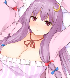 Rule 34 | 1girl, arms up, bed sheet, blue ribbon, blunt bangs, blush, breasts, cleavage, commentary request, crescent, crescent hair ornament, dress, frilled dress, frilled sleeves, frills, full-face blush, hair ornament, hair ribbon, hat, hat ribbon, large breasts, long hair, long sleeves, looking at viewer, lying, mob cap, neck ribbon, on back, parted lips, patchouli knowledge, purple dress, purple eyes, purple hair, red ribbon, ribbon, sidelocks, solo, straight hair, striped clothes, striped dress, techi (techi35499), touhou, unworn hat, unworn headwear, upper body, vertical-striped clothes, vertical-striped dress