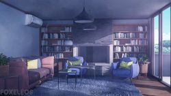 Rule 34 | air conditioner, artist name, book, book stack, bookshelf, ceiling light, commentary, couch, english commentary, flower pot, foxeleos, highres, indoors, no humans, original, pillow, scenery, shadow, sliding doors, table, watermark, wooden floor
