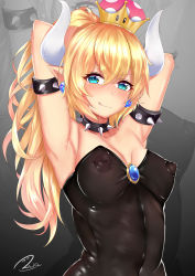 Rule 34 | 1girl, absurdres, aqua eyes, armlet, armpits, arms behind head, arms up, bare shoulders, black collar, black leotard, blonde hair, blush, bowsette, breasts, brooch, cleavage, collar, collarbone, covered erect nipples, covered navel, crown, dress, drooling, earrings, eyelashes, highres, horns, jewelry, leotard, licking lips, long hair, looking at viewer, mario (series), medium breasts, new super mario bros. u deluxe, nintendo, nipples, pointy ears, ponytail, princess, puffy nipples, saliva, see-through, sidelocks, signature, skindentation, smile, solo, spiked armlet, spiked collar, spikes, standing, strapless, strapless leotard, super crown, tongue, tongue out, upper body, xiao dao jun, zoom layer
