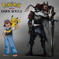 Rule 34 | absurdres, arm at side, arm up, armor, armored boots, artist name, ash ketchum, belt, black footwear, black hair, blue pants, boots, brown belt, cape, chosen undead, commentary, copyright name, creature, creatures (company), crossover, dark souls (series), dark souls i, game freak, gen 1 pokemon, gradient background, grey background, hand on own hip, hat, helm, helmet, highres, holding, holding sword, holding weapon, male focus, neytirix, nintendo, on shoulder, pants, pauldrons, pikachu, poke ball print, pokemon, pokemon (anime), pokemon (creature), pokemon dppt (anime), pokemon on shoulder, red footwear, shoes, shoulder armor, sword, torn cape, torn clothes, weapon, white cape