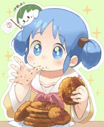 1girl blue_eyes blue_hair blush_stickers bow bowtie bright_pupils commentary_request cube_hair_ornament eating flag food food_on_hand fried_food green_background hair_ornament highres holding holding_food light_blush looking_at_food mochi naganohara_mio nichijou nishimura_(prism_engine) plate red_bow red_bowtie school_uniform serafuku shirt short_hair short_twintails sidelocks solo sparkle table tareme thumb_sucking tokisadame_school_uniform translation_request twintails upper_body winter_uniform yellow_shirt yin_yang yin_yang_print