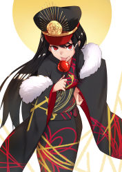Rule 34 | 1girl, :p, absurdres, bad id, bad pixiv id, black hair, black hat, black kimono, candy apple, commentary request, crest, family crest, fate/grand order, fate (series), food, fur trim, hat, highres, holding, holding food, japanese clothes, kimono, koha-ace, long hair, long sleeves, looking at viewer, military hat, obi, oda nobunaga (fate), oda nobunaga (koha-ace), oda uri, peaked cap, print kimono, red eyes, sash, sawawse, solo, tongue, tongue out, very long hair, white background, wide sleeves
