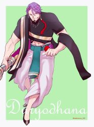 Rule 34 | 1boy, artist name, black shirt, character name, cropped shirt, duryodhana (fate), earrings, facial hair, fate/grand order, fate (series), flower, full body, goatee, goatee stubble, green background, highres, holding, holding polearm, holding weapon, indian clothes, jewelry, looking at viewer, makotooo 345, male focus, mature male, muscular, muscular male, necklace, polearm, purple eyes, purple hair, sash, shirt, short hair, shoulder sash, single earring, smile, solo, stubble, two-tone background, weapon, white background