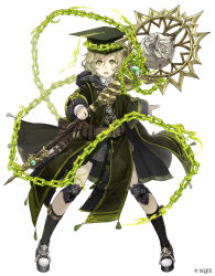 Rule 34 | 1boy, :o, absurdres, belt, blonde hair, chain, coat, full body, green eyes, grin, hat, highres, holding, holding staff, ji no, knee pads, long nose, looking at viewer, male focus, mortarboard, official art, pigeon-toed, pinocchio (sinoalice), shoes, simple background, sinoalice, smile, sneakers, solo, staff, white background