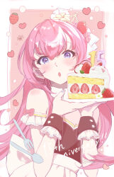 Rule 34 | 1girl, :o, absurdres, alternate costume, arm cuffs, back bow, black shirt, blue nails, blush, bow, cake, cake slice, detached sleeves, english text, flower, food, fork, frills, fruit, hair between eyes, hair ornament, heart, highres, holding, holding plate, lace-trimmed sleeves, lace trim, megurine luka, nekota yama, open mouth, pink bow, pink hair, plate, shirt, skirt, solo, spoon, strawberry, twitter username, vocaloid, white bow, white skirt, yellow flower