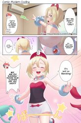 Rule 34 | 1boy, 1girl, :d, absurdres, air conditioner, blonde hair, blush, bracelet, closed eyes, closed mouth, collar, comic, creatures (company), english text, eyelashes, game freak, gazing eye, hairband, highres, indoors, irida (pokemon), jewelry, leg up, lucas (pokemon), mixed-language commentary, nintendo, open mouth, pointing, pokemon, pokemon dppt, pokemon legends: arceus, red hairband, shirt, shorts, smile, speech bubble, split mouth, standing, star (symbol), strapless, strapless shirt, tongue, trembling, undressing