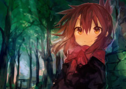 Rule 34 | 1girl, absurdres, breath, brown hair, folded ponytail, hair between eyes, highres, inazuma (kancolle), jacket, kaamin (mariarose753), kantai collection, long sleeves, orange eyes, outdoors, ponytail, red scarf, scarf, smile, solo, tree