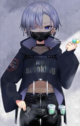 Rule 34 | 1girl, androgynous, black nails, black pants, blue eyes, candy, covered mouth, cowboy shot, ear piercing, earrings, fingernails, food, hand on own hip, hand up, highres, holding, holding candy, holding food, holding lollipop, hood, hood down, hoodie, jewelry, konogi nogi, latex pants, lollipop, long sleeves, looking at viewer, mask, midriff, mouth mask, nail polish, navel, no smoking, original, pants, piercing, purple hair, short hair, signature, solo, standing, thigh gap