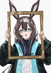 Rule 34 | 1girl, :d, absurdres, amiya (arknights), animal ears, arknights, black jacket, blue eyes, blush, brown hair, clothes writing, hair between eyes, hands up, highres, holding frame, jacket, katamayugui, long hair, long sleeves, looking at viewer, open clothes, open jacket, open mouth, picture frame, rabbit ears, shirt, simple background, smile, solo, straight-on, upper body, white background, white shirt