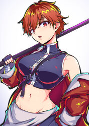 Rule 34 | 1girl, black pants, black shirt, black tunic, breasts, commentary request, cropped shirt, genderswap, genderswap (mtf), highres, holding, holding weapon, jacket, karan koron100, large breasts, looking at viewer, navel, off shoulder, pants, red eyes, red hair, red jacket, shirt, short hair, simple background, sleeveless, sleeveless shirt, solo, sousou no frieren, stark (sousou no frieren), weapon, white background