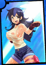 Rule 34 | 1girl, bad id, bad pixiv id, black hair, breasts, brown eyes, choker, covered erect nipples, duel masters, fighting stance, fingerless gloves, gloves, highres, huge breasts, long hair, misoshiro (shijimi), nipples, pouch, see-through, shorts, sideboob, solo, sparkle, tank top, tasogare mimi, thigh pouch, wet, wet clothes
