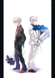 Rule 34 | 2boys, 5 (toriaezu555), back-to-back, bakugou katsuki, black flower, black jacket, black pants, black rose, black shirt, blonde hair, blue flower, blue rose, boku no hero academia, bouquet, brown footwear, brown shirt, buttons, closed mouth, collared shirt, commentary request, dress shirt, expressionless, flower, full body, hair between eyes, hand in pocket, holding, holding bouquet, jacket, long sleeves, male focus, multicolored hair, multiple boys, open clothes, open jacket, pants, pillarboxed, profile, red eyes, red hair, rose, shirt, shoes, short hair, simple background, spiked hair, split-color hair, standing, todoroki shouto, two-tone hair, v-shaped eyebrows, white background, white flower, white hair, white jacket, white pants, white rose, wing collar